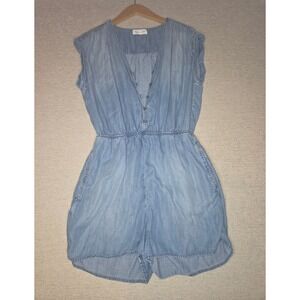 Cloth & Stone Womens Small Chambray Romper Blue Button Front Pockets Casual